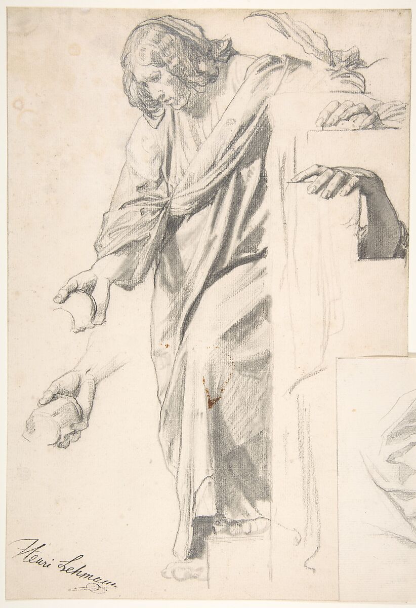 Standing Draped Female Figure, Henri Lehmann (French, Kiel 1814–1882 Paris), Graphite and estompe 