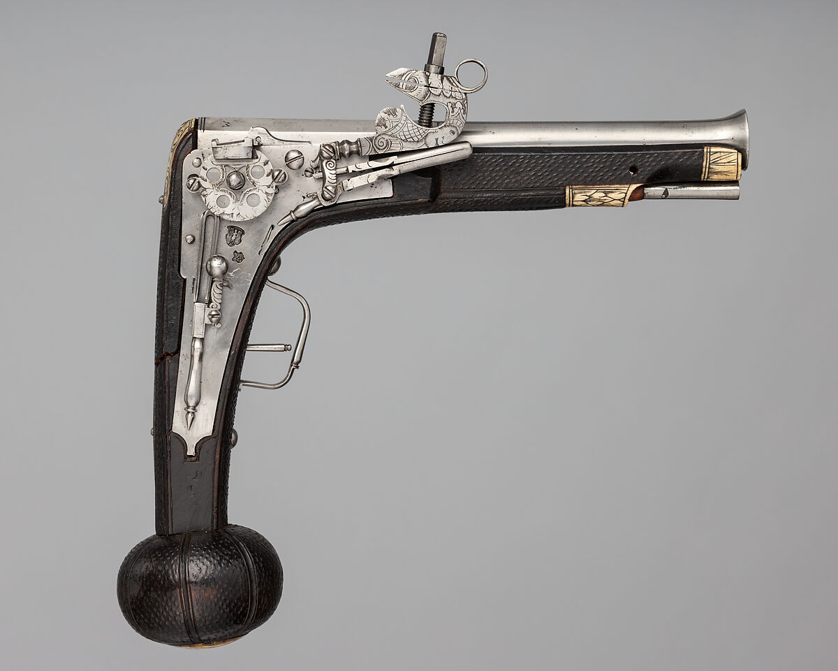 Wheellock Pistol, Wood (ebony), steel, ivory, German, Liegnitz 