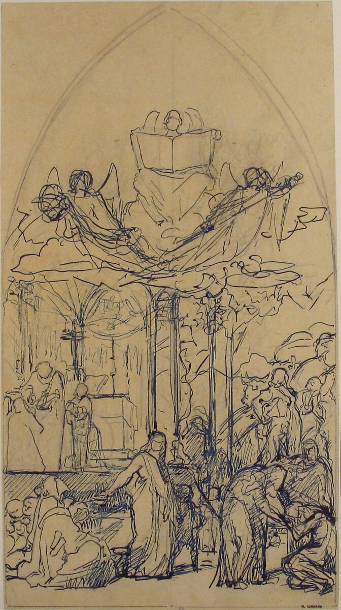Composition Study with Figures Distributing Bread, Henri Lehmann (French, Kiel 1814–1882 Paris), Pen and blue ink, over graphite, on tracing paper. Lined.