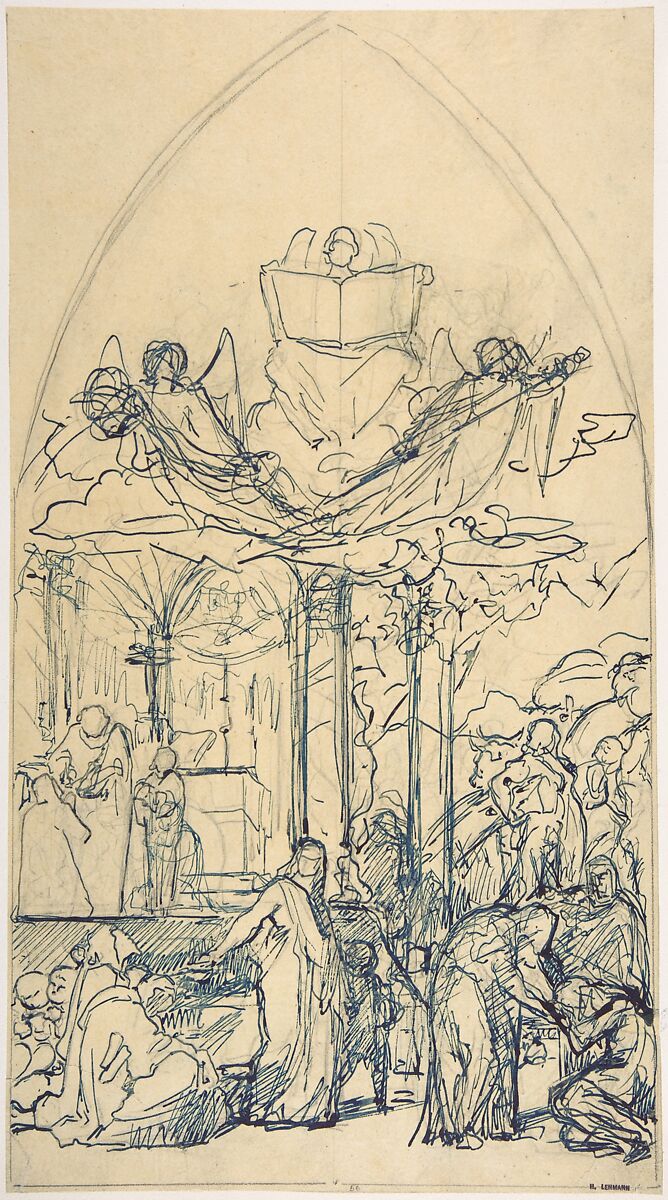 Composition Study with Figures Distributing Bread, Henri Lehmann (French, Kiel 1814–1882 Paris), Pen and blue ink, over graphite, on tracing paper. Lined. 