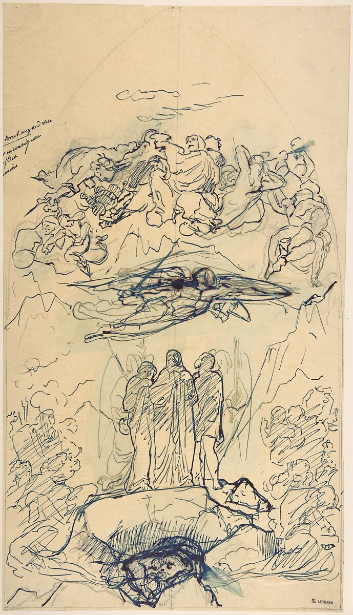 Composition Study with Three Figures Standing on a Rock, Henri Lehmann (French, Kiel 1814–1882 Paris), Pen and blue ink, over graphite, on tracing paper. Lined. 