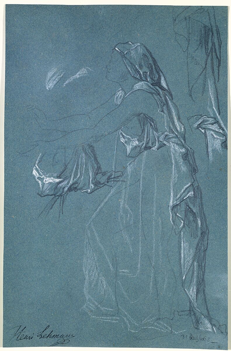 Study for the figure of Sarah in the now-lost painting, "Tobias Brings His Bride Sarah to the House of His Father, Tobit", Henri Lehmann (French, Kiel 1814–1882 Paris), Graphite and white chalk, on blue paper
