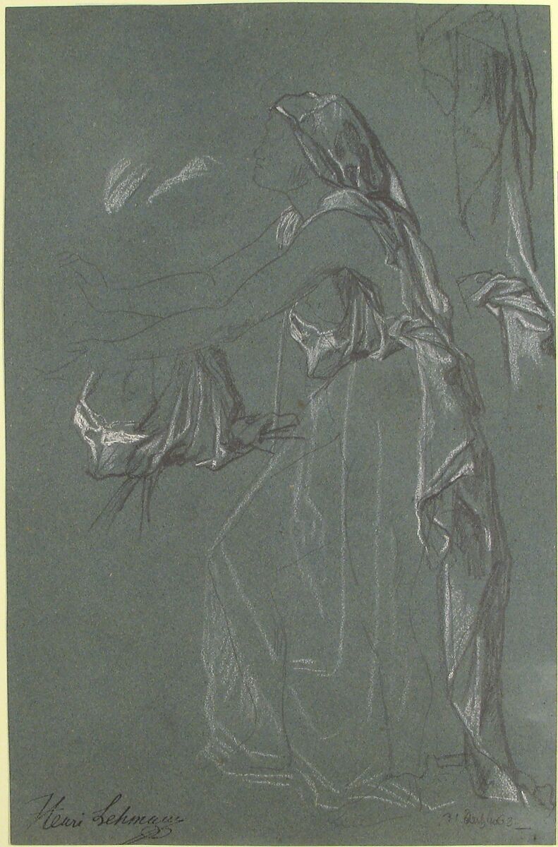 Study for the figure of Sarah in the now-lost painting, "Tobias Brings His Bride Sarah to the House of His Father, Tobit", Henri Lehmann (French, Kiel 1814–1882 Paris), Graphite and white chalk, on blue paper
