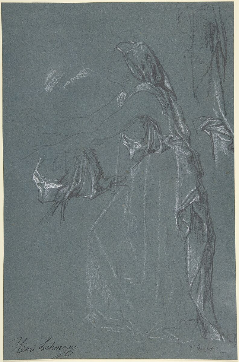 Study for the figure of Sarah in the now-lost painting, "Tobias Brings His Bride Sarah to the House of His Father, Tobit", Henri Lehmann (French, Kiel 1814–1882 Paris), Graphite and white chalk, on blue paper 