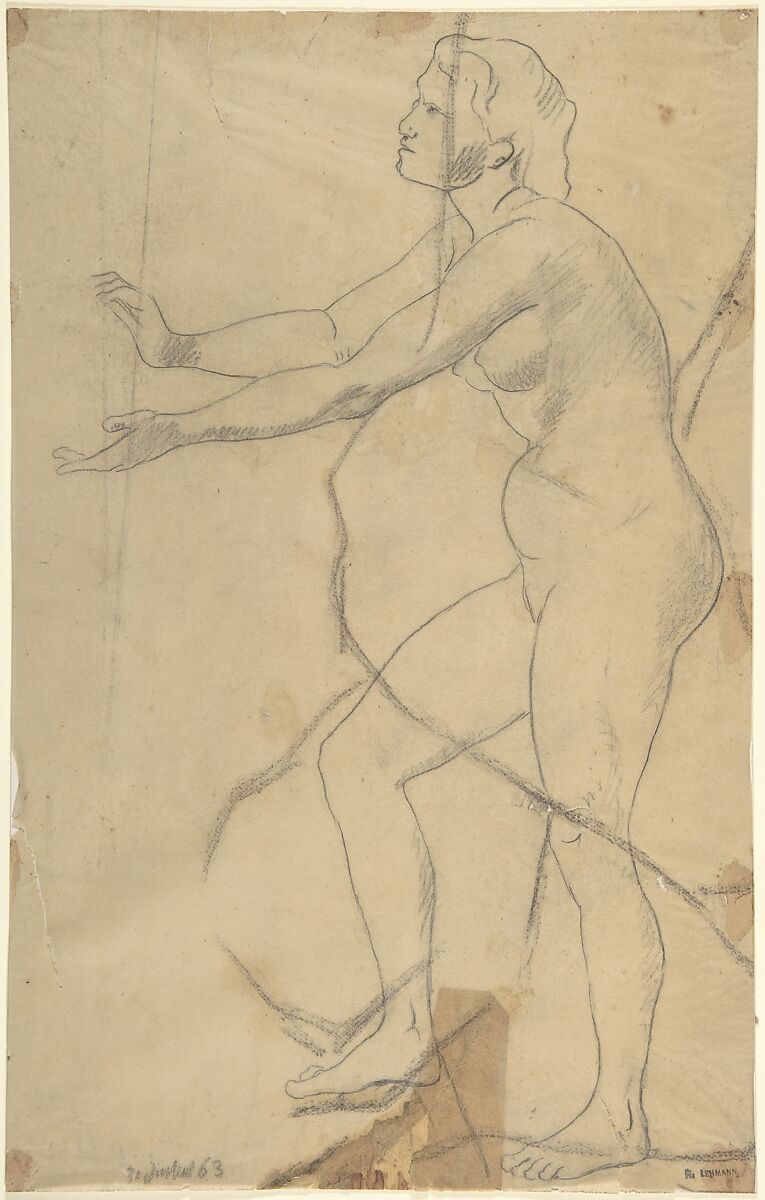 The Figure of Sarah, Bride of Tobias, Henri Lehmann (French, Kiel 1814–1882 Paris), Graphite on beige tracing paper 