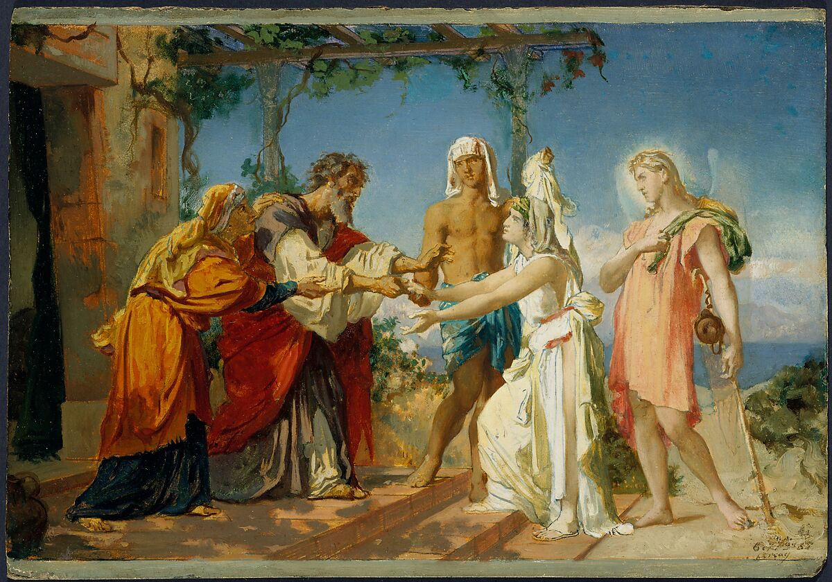 Tobias Brings His Bride Sarah to the House of His Father, Tobit, Henri Lehmann (French, Kiel 1814–1882 Paris), Oil paint on paper, mounted on board