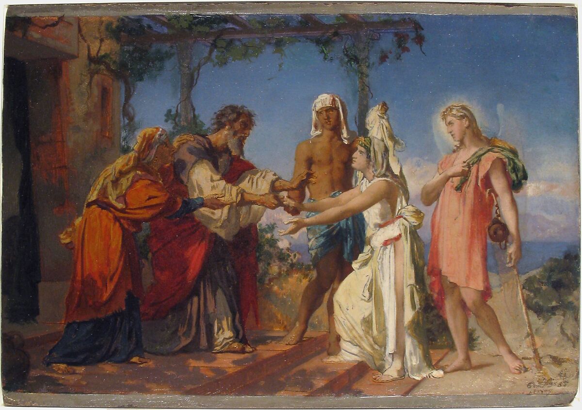 Tobias Brings His Bride Sarah to the House of His Father, Tobit, Henri Lehmann (French, Kiel 1814–1882 Paris), Oil paint on paper, mounted on board