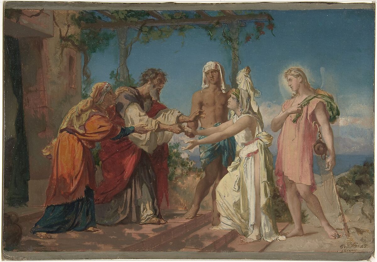Tobias Brings His Bride Sarah to the House of His Father, Tobit, Henri Lehmann (French, Kiel 1814–1882 Paris), Oil paint on paper, mounted on board 