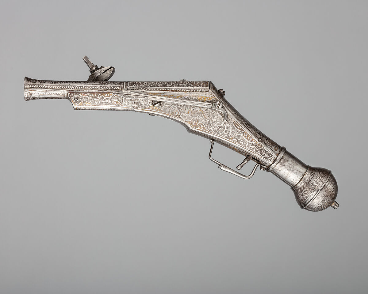 Two Wheellock Pistols, Iron, gold, German, Nuremberg