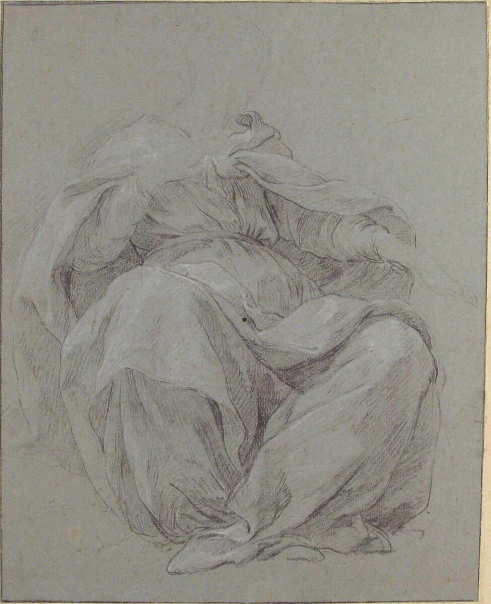 Seated Draped Figure, François Le Moyne (French, Paris 1688–1737 Paris), Black chalk, heightened with white, on blue paper.