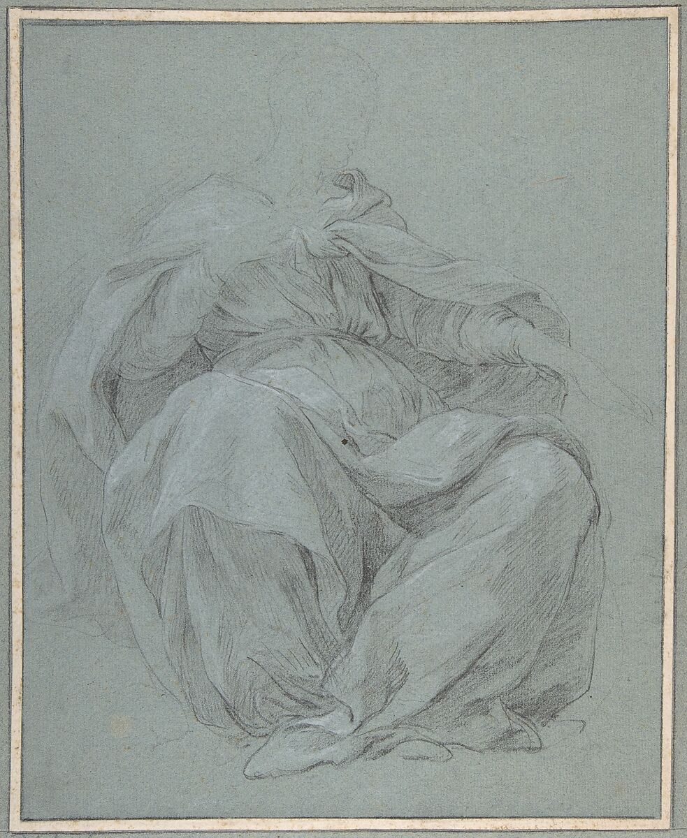 Seated Draped Figure, François Le Moyne  French, Black chalk, heightened with white, on blue paper.