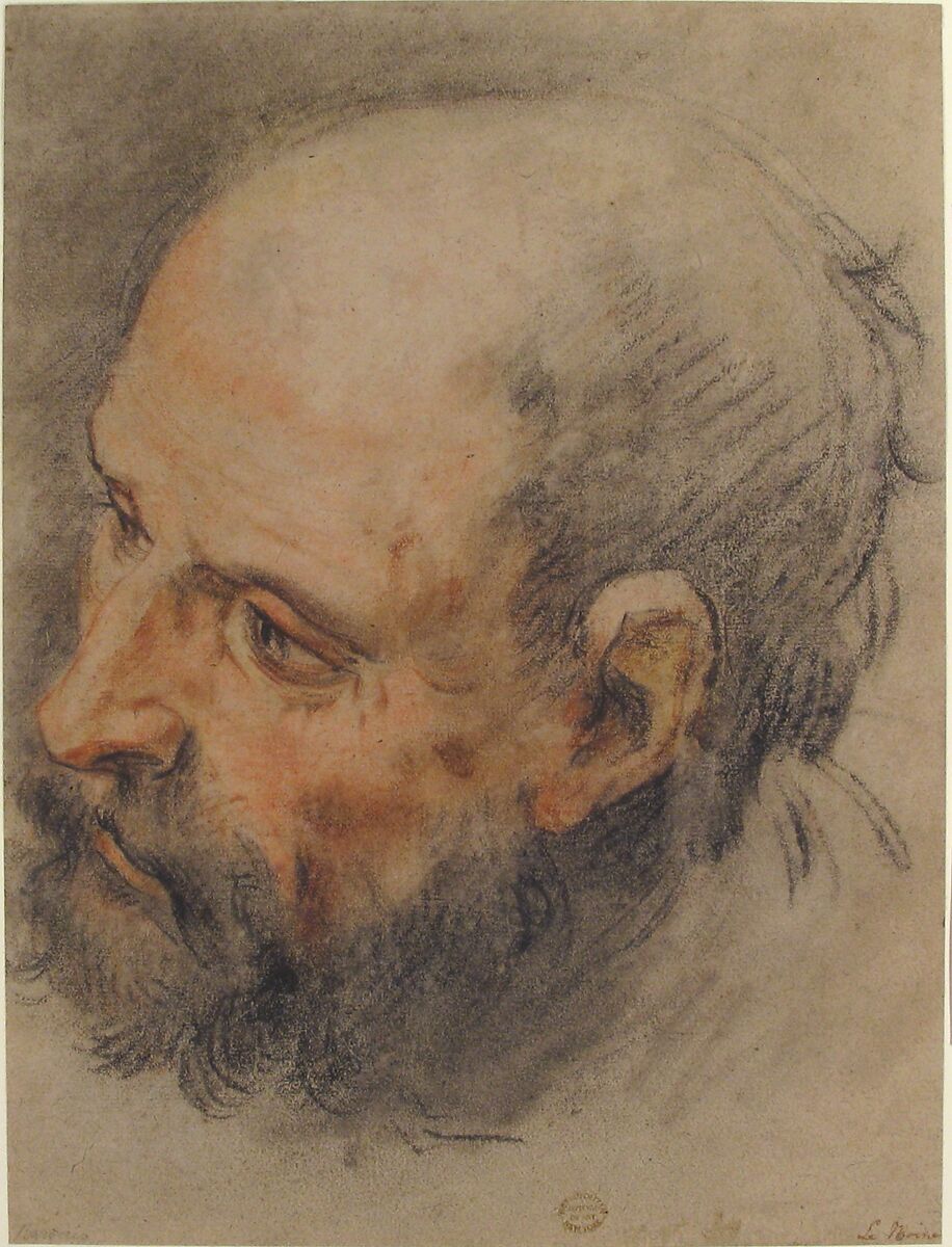 Head of a Bearded Man Looking Left, François Le Moyne (French, Paris 1688–1737 Paris), Black chalk, stumped, red chalk, pink pastel, on beige paper.