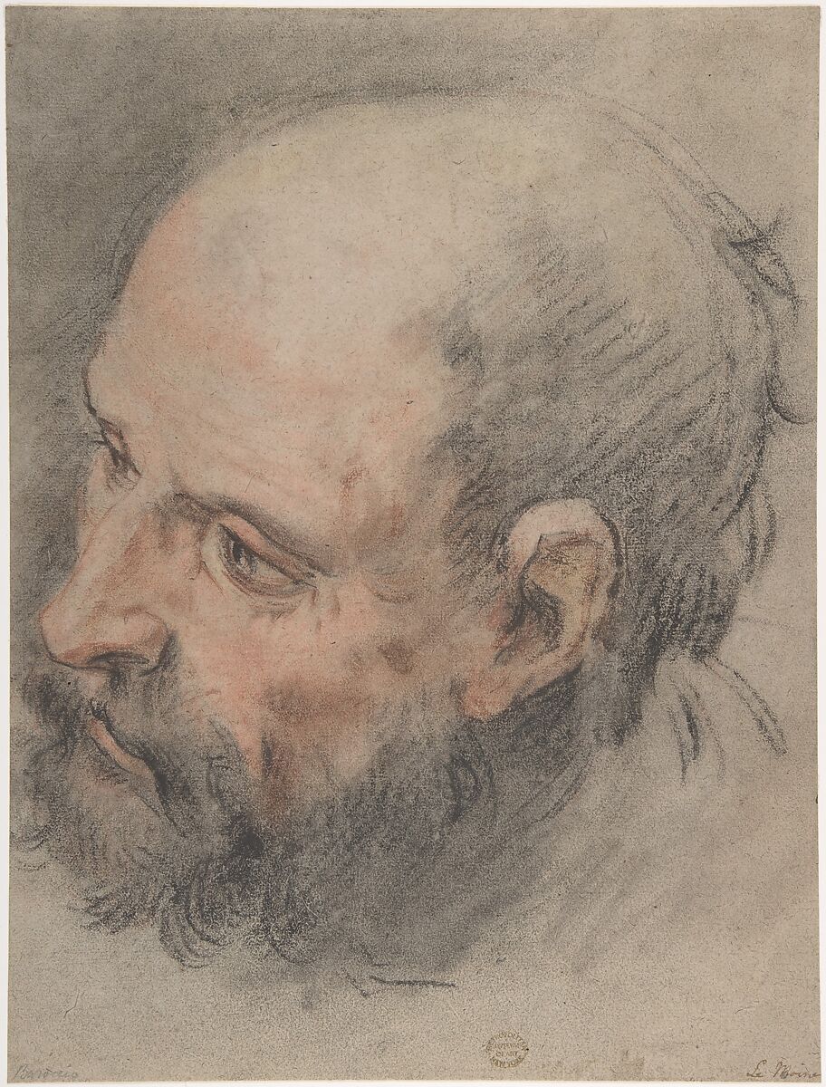 Head of a Bearded Man Looking Left, François Le Moyne  French, Black chalk, stumped, red chalk, pink pastel, on beige paper.