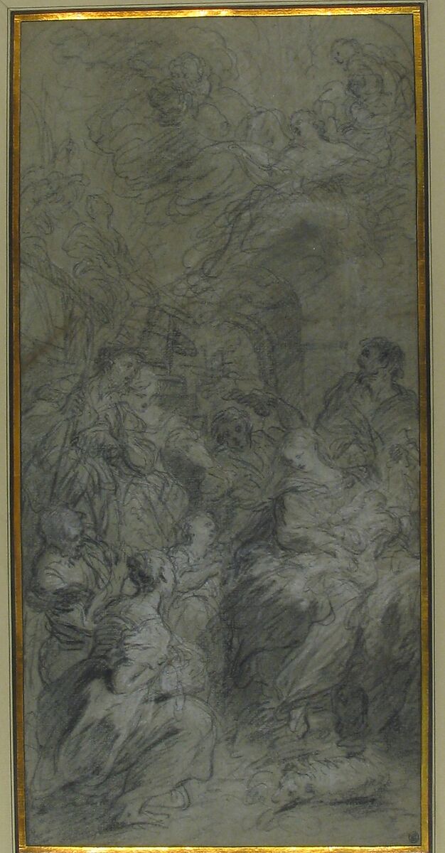 The Adoration of the Shepherds, François Le Moyne (French, Paris 1688–1737 Paris), Black chalk heightened with white on blue paper.