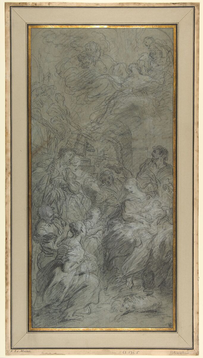 The Adoration of the Shepherds, François Le Moyne (French, Paris 1688–1737 Paris), Black chalk heightened with white on blue paper. 