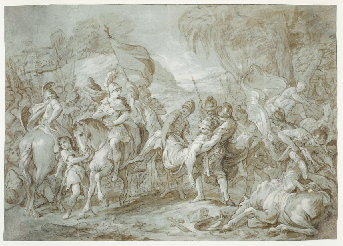 Alexander and Porus, François Le Moyne (French, Paris 1688–1737 Paris), Brush and brown wash, heightened with white, over black chalk, on blue paper. All four in curved corners have been filled in.