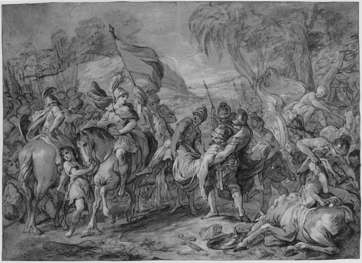 Alexander and Porus, François Le Moyne (French, Paris 1688–1737 Paris), Brush and brown wash, heightened with white, over black chalk, on blue paper. All four in curved corners have been filled in.