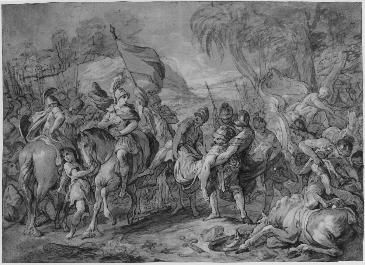 Alexander and Porus, François Le Moyne (French, Paris 1688–1737 Paris), Brush and brown wash, heightened with white, over black chalk, on blue paper. All four in curved corners have been filled in.