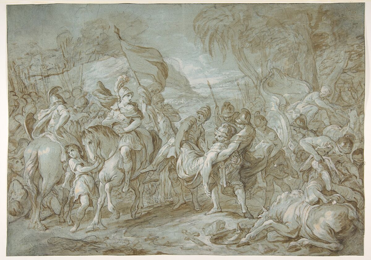 Alexander and Porus, François Le Moyne  French, Brush and brown wash, heightened with white, over black chalk, on blue paper. All four in curved corners have been filled in.