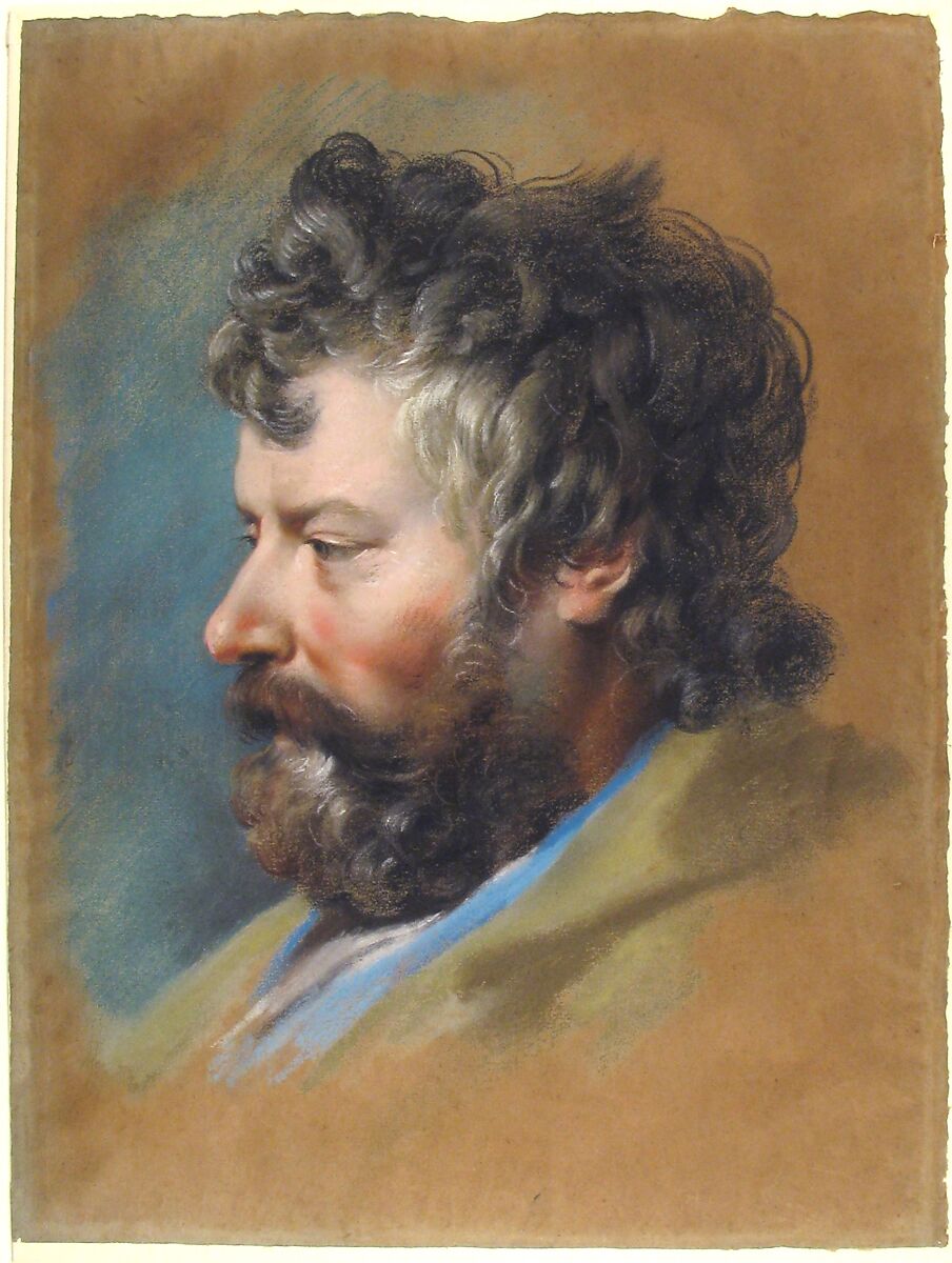 Head of a Bearded Man in Profile to Left, François Le Moyne (French, Paris 1688–1737 Paris), Pastel on brown paper