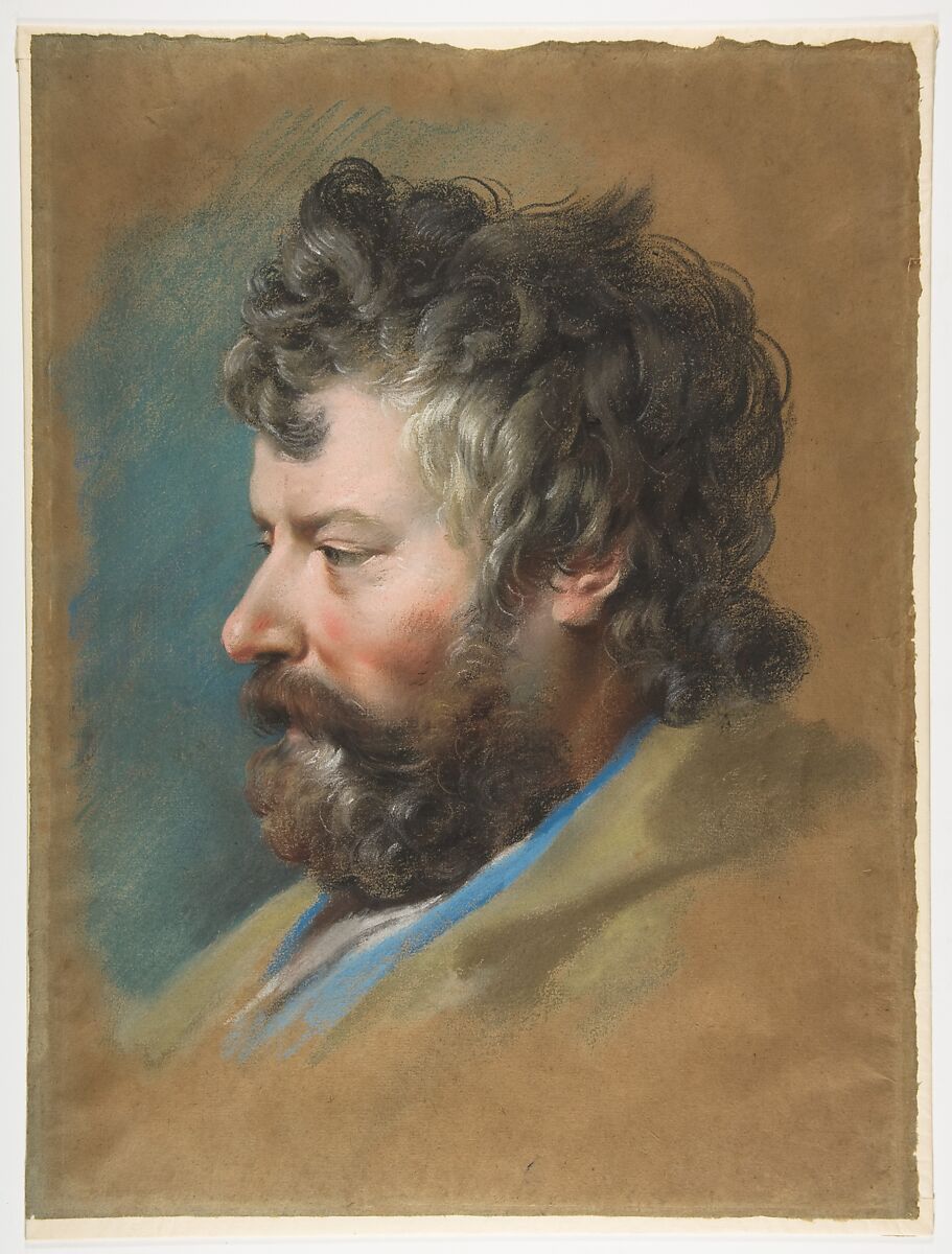Head of a Bearded Man in Profile to Left, François Le Moyne (French, Paris 1688–1737 Paris), Pastel on brown paper 