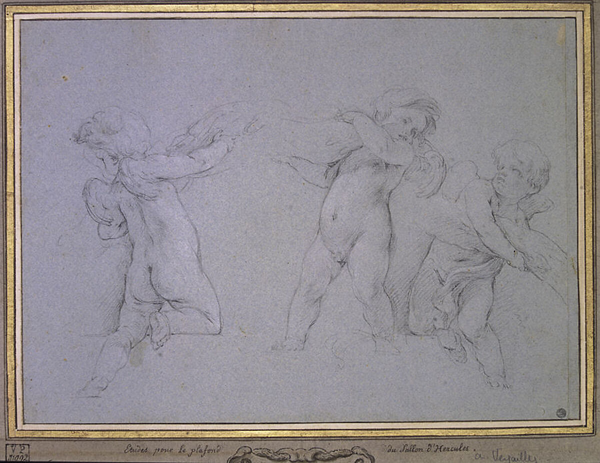 Putti Supporting a Garland, François Le Moyne (French, Paris 1688–1737 Paris), Black chalk on blue paper; framing lines in pen and brown ink. A vertical strip measuring .6 cm has been added at right.