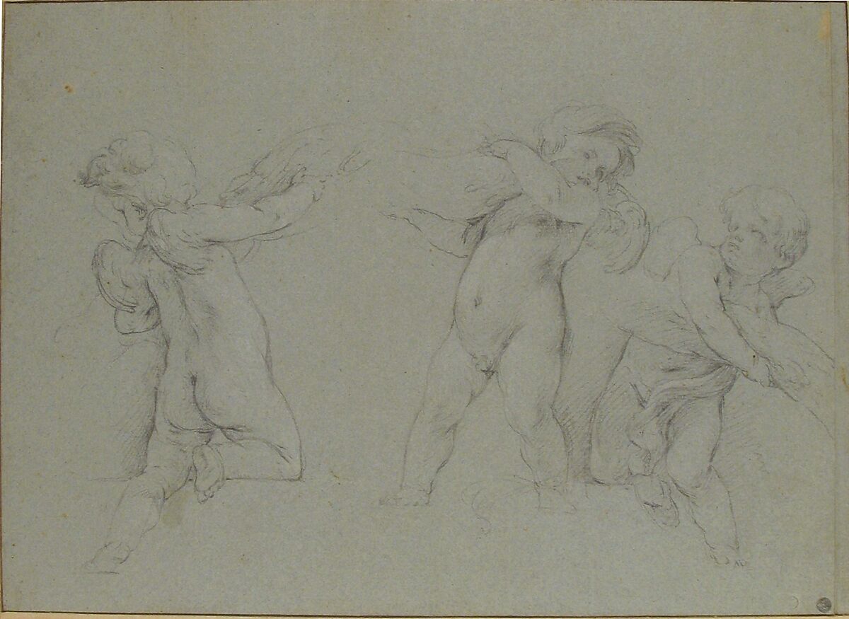 Putti Supporting a Garland, François Le Moyne (French, Paris 1688–1737 Paris), Black chalk on blue paper; framing lines in pen and brown ink. A vertical strip measuring .6 cm has been added at right.