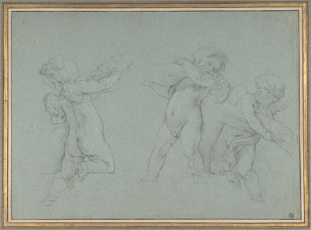 Putti Supporting a Garland, François Le Moyne (French, Paris 1688–1737 Paris), Black chalk on blue paper; framing lines in pen and brown ink. A vertical strip measuring .6 cm has been added at right. 