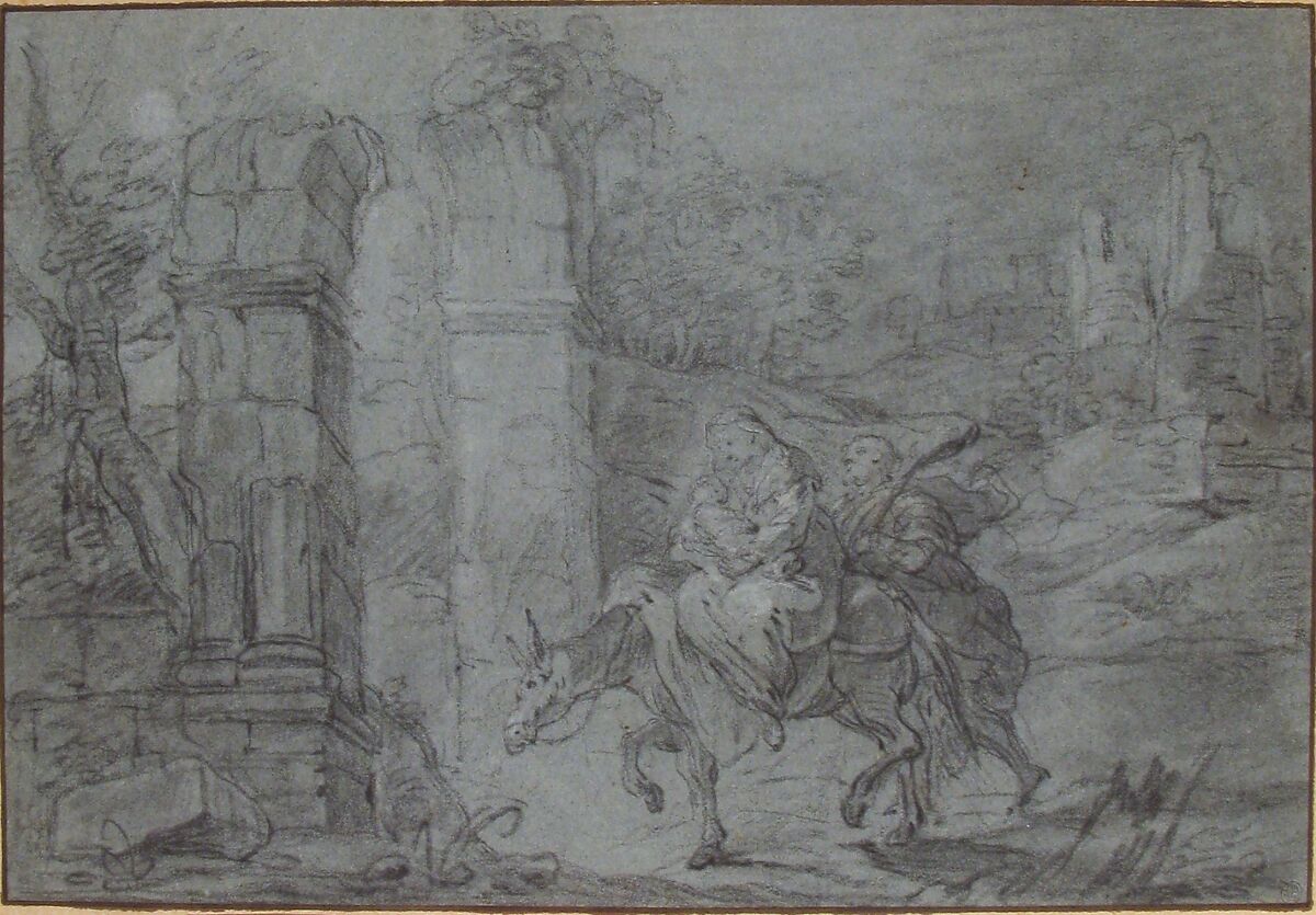 The Flight into Egypt, François Le Moyne (French, Paris 1688–1737 Paris), Black chalk, heightened with white, on blue paper; framing lines in pen and brown ink