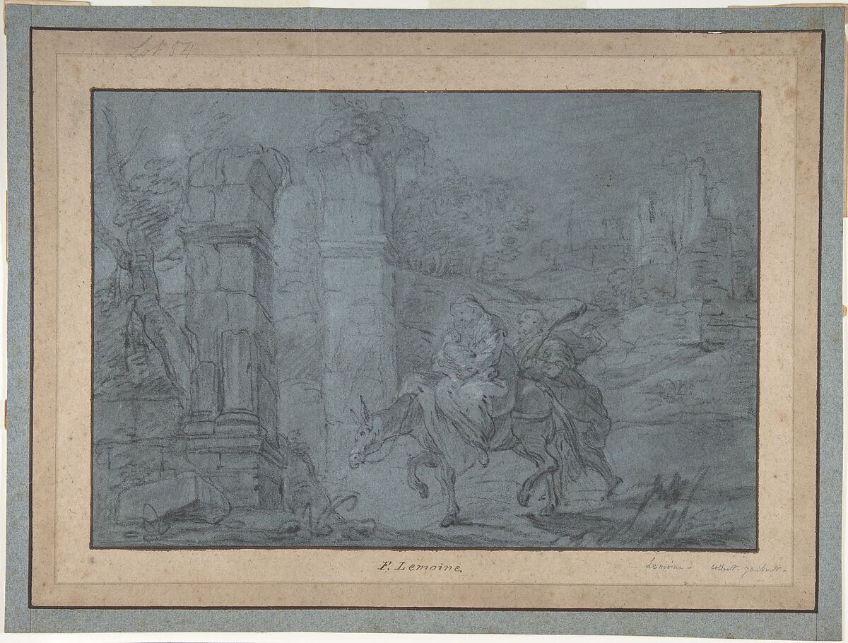 The Flight into Egypt, François Le Moyne (French, Paris 1688–1737 Paris), Black chalk, heightened with white, on blue paper. Framing lines in pen and brown ink. 