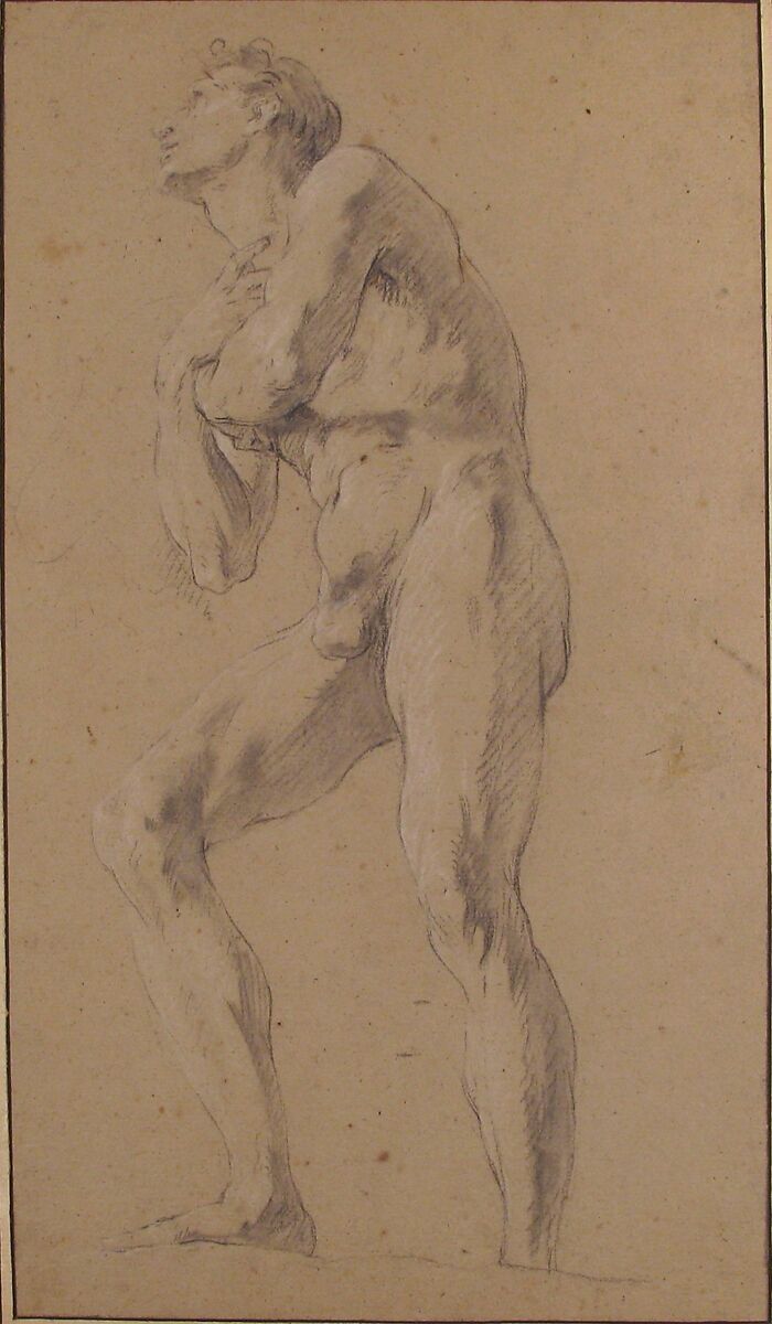 Standing Male Nude Seen from Below, François Le Moyne (French, Paris 1688–1737 Paris), Black chalk, stumping, heightened with white, on beige paper. Framing lines in pen and brown ink.