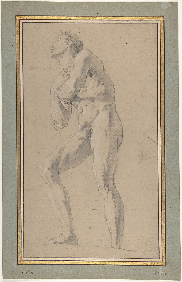 Standing Male Nude Seen from Below, François Le Moyne (French, Paris 1688–1737 Paris), Black chalk, stumping, heightened with white, on beige paper. Framing lines in pen and brown ink. 