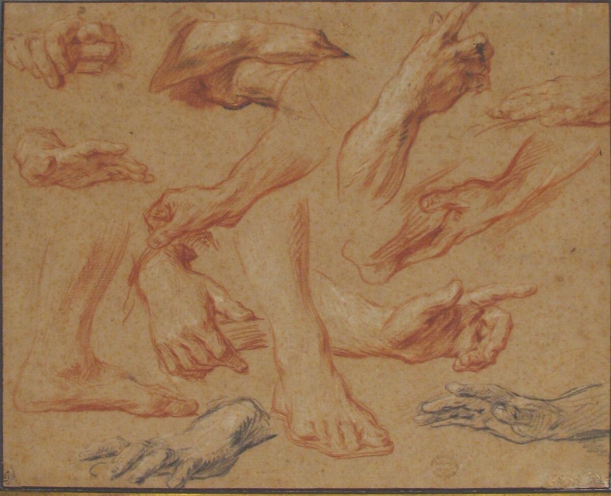 Studies of Hands and Feet, François Le Moyne (French, Paris 1688–1737 Paris), Red and black chalk, heightened with white, on beige paper. Framing lines in pen and brown ink. Lined.