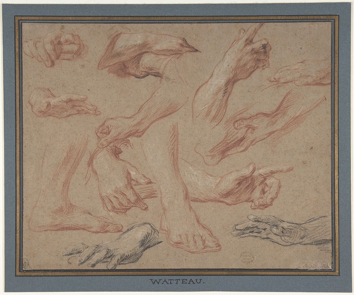 Studies of Hands and Feet, François Le Moyne  French, Red and black chalk, heightened with white, on beige paper. Framing lines in pen and brown ink. Lined.