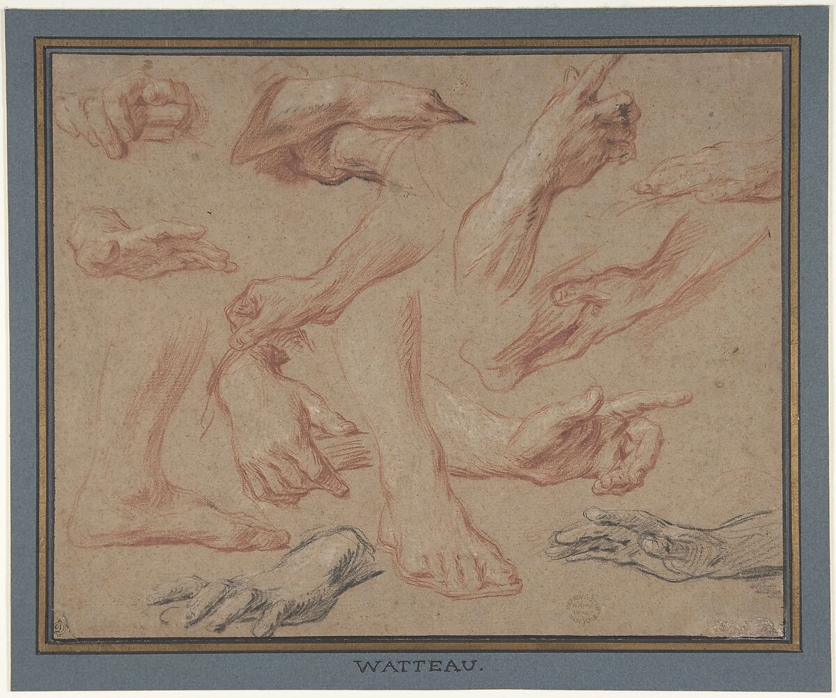 Studies of Hands and Feet, François Le Moyne (French, Paris 1688–1737 Paris), Red and black chalk, heightened with white, on beige paper. Framing lines in pen and brown ink. Lined. 