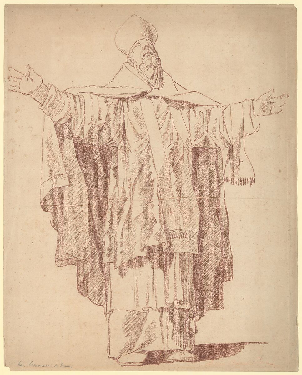 Standing Ecclesiastic With Arms Upraised, Anicet Charles Gabriel Lemonnier (French, Rouen 1743–1824 Paris), Red chalk 