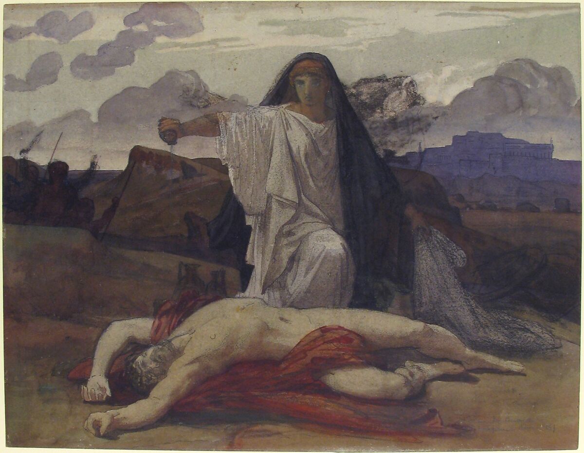 Antigone Gives Token Burial to the Body of Her Brother Polynices, Jules-Eugène Lenepveu (French, Angers 1819–1898 Paris), Watercolor, pen and black ink over black chalk, on gray-green paper