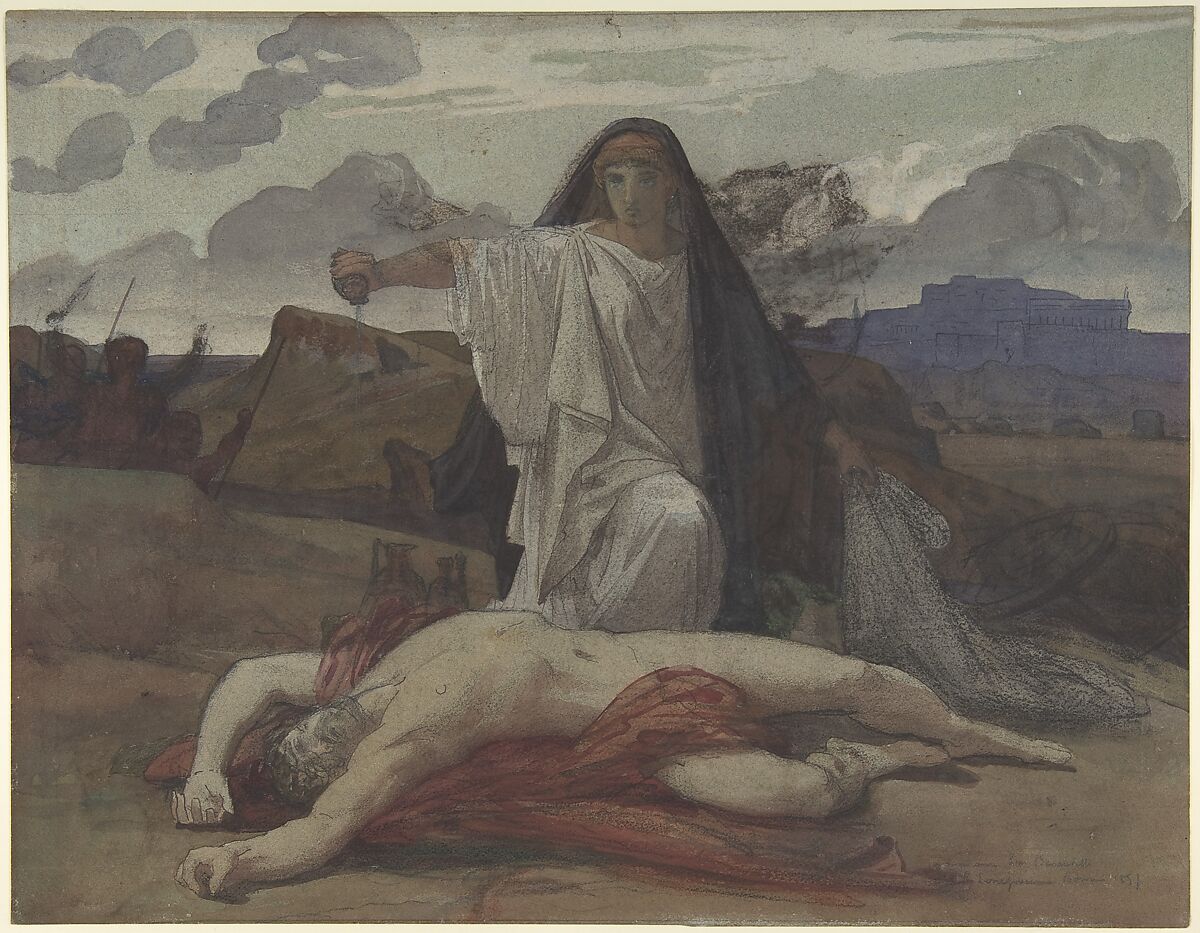 Antigone Gives Token Burial to the Body of Her Brother Polynices, Jules-Eugène Lenepveu (French, Angers 1819–1898 Paris), Watercolor, pen and black ink over black chalk, on gray-green paper 