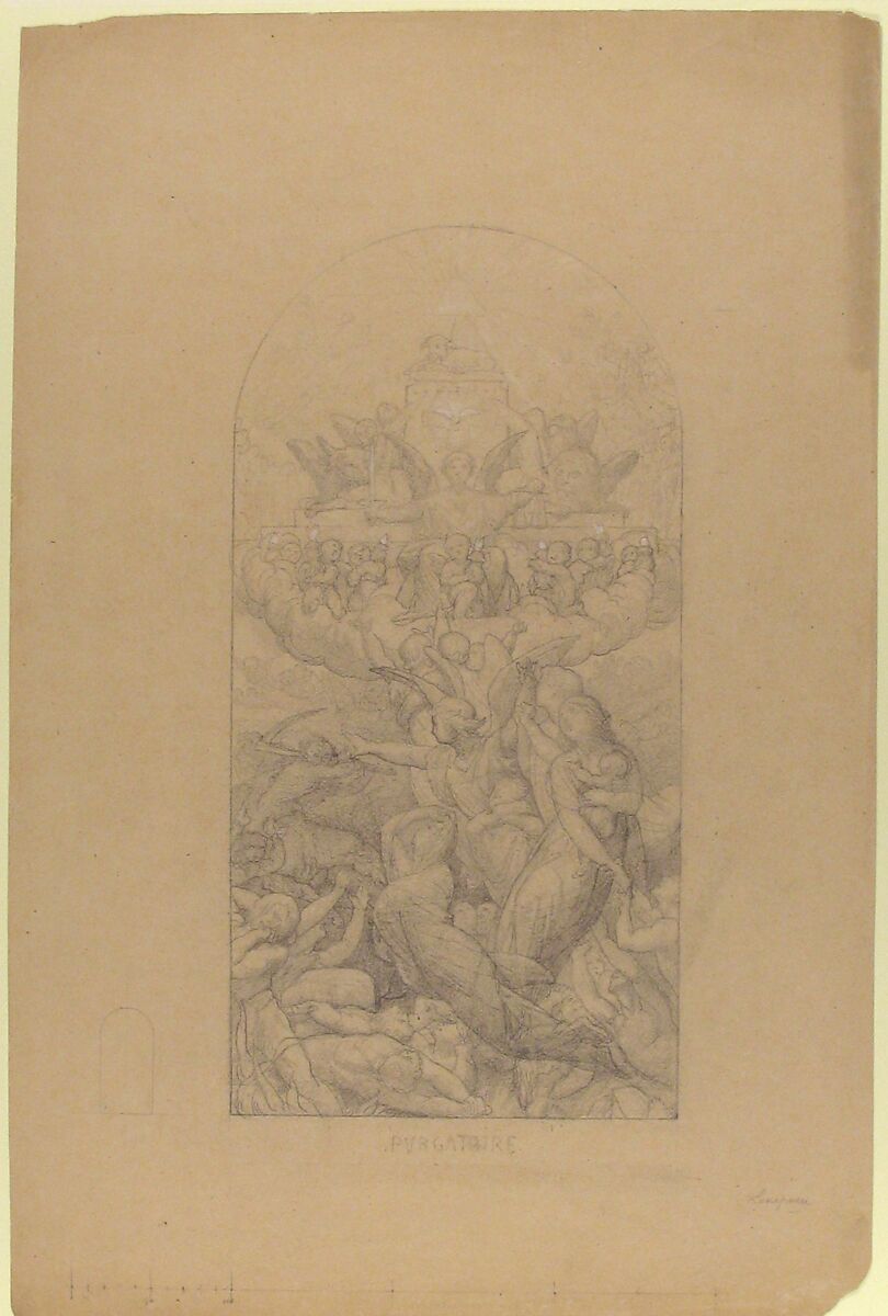 Purgatory, Jules-Eugène Lenepveu (French, Angers 1819–1898 Paris), Graphite, heightened with white, on beige paper