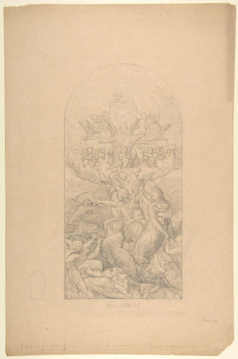Purgatory, Jules-Eugène Lenepveu (French, Angers 1819–1898 Paris), Graphite, heightened with white, on beige paper 