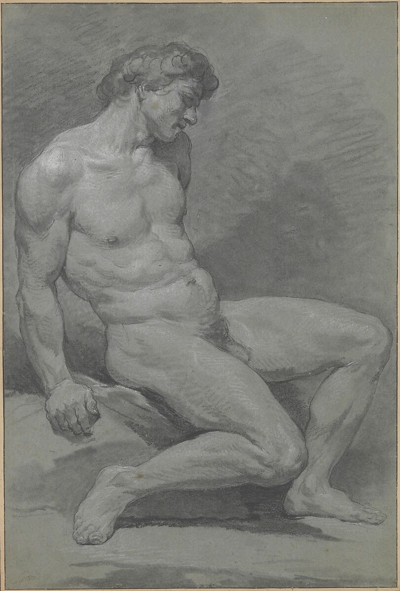 Seated Male Nude Facing Right, Nicolas Bernard Lépicié (French, Paris 1735–1784 Paris), Charcoal, stumped, black chalk heightened with white on gray-green paper 