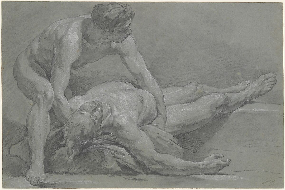 Two Nude Male Figures, Nicolas Bernard Lépicié (French, Paris 1735–1784 Paris), Charcoal, stumped, black chalk, heightened with white, on gray-green paper 