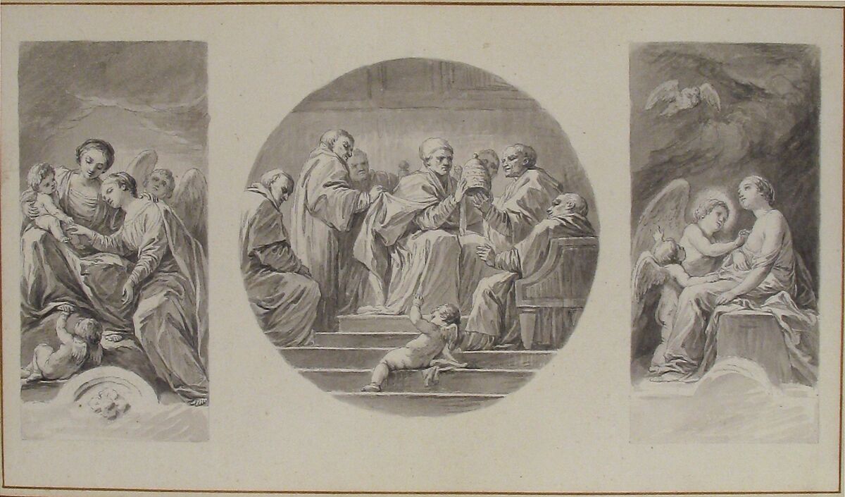 The Mystic Marriage of Saint Catherine; Saint Celestine V Renouncing the Papacy; Saint Catherine Touched by Divine Love, Nicolas Bernard Lépicié (French, Paris 1735–1784 Paris), Pen and black ink, gray wash, over black chalk underdrawing; framing lines in pen and brown ink