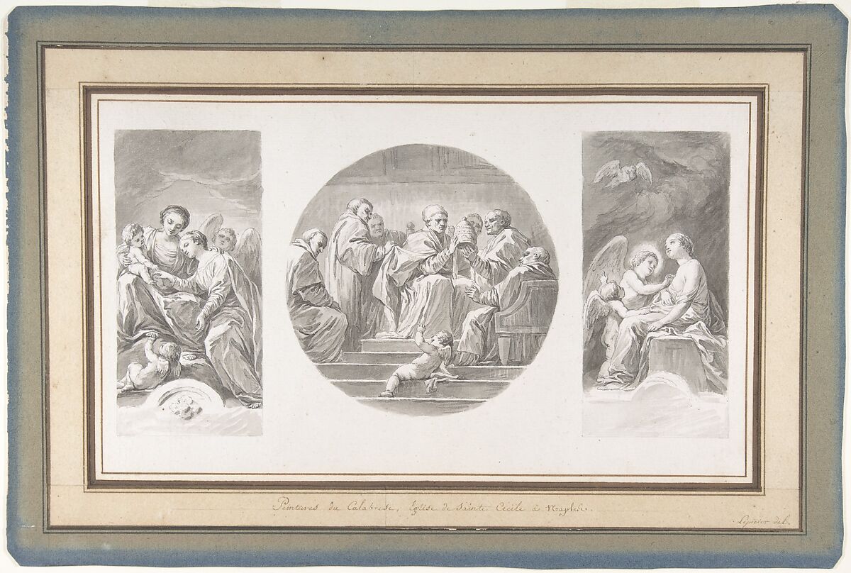 The Mystic Marriage of Saint Catherine; Saint Celestine V Renouncing the Papacy; Saint Catherine Touched by Divine Love, Nicolas Bernard Lépicié (French, Paris 1735–1784 Paris), Pen and black ink, gray wash, over black chalk underdrawing; framing lines in pen and brown ink 