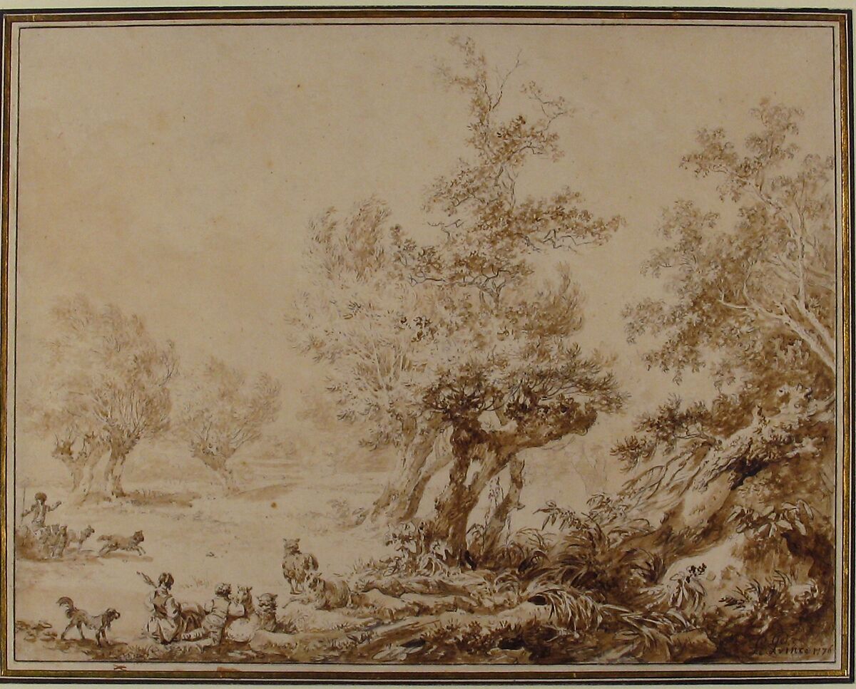 Shepherd with His Flock in a Clearing, Jean-Baptiste Le Prince (French, Metz 1734–1781 Saint-Denis-du-Port), Brush and brown wash, over black chalk; framing lines in pen and brown ink