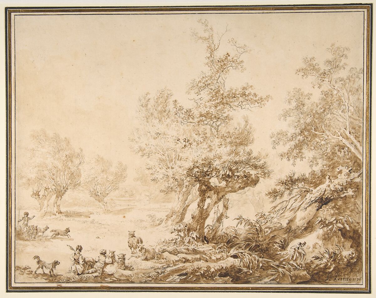 Shepherd with His Flock in a Clearing, Jean-Baptiste Le Prince (French, Metz 1734–1781 Saint-Denis-du-Port), Brush, brown wash over black chalk. Framing lines in pen and brown ink. 