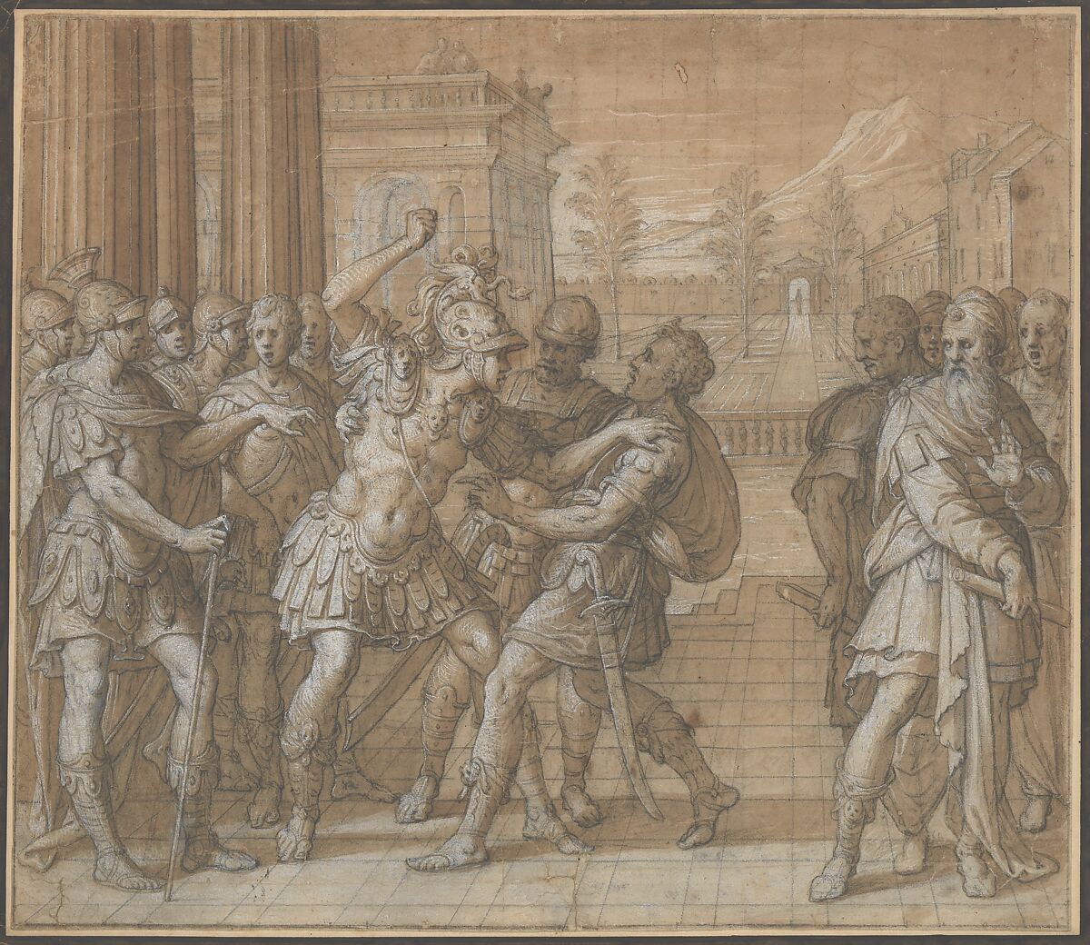Coriolanus Vows Eternal Hatred to Rome, Henri Lérambert (French, ca. 1550–1609), Pen and brown ink, brush and brown wash, heightened with white, over black chalk underdrawing 