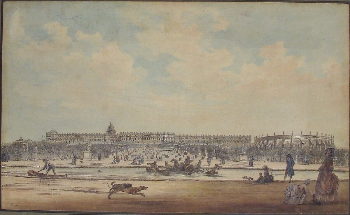 The Château de Versailles Seen from the Gardens, Louis Nicolas de Lespinasse, called the Chevalier de Lespinasse (French, Pouilly-sur-Loire 1734–1808 Paris), Pen and black ink, watercolor, heightened with white, over traces of graphite