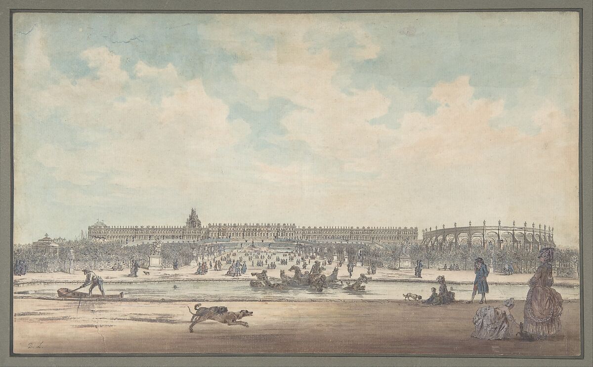 The Château de Versailles Seen from the Gardens, Louis Nicolas de Lespinasse, called the Chevalier de Lespinasse (French, Pouilly-sur-Loire 1734–1808 Paris), Pen and black ink, watercolor, heightened with white, over traces of graphite 
