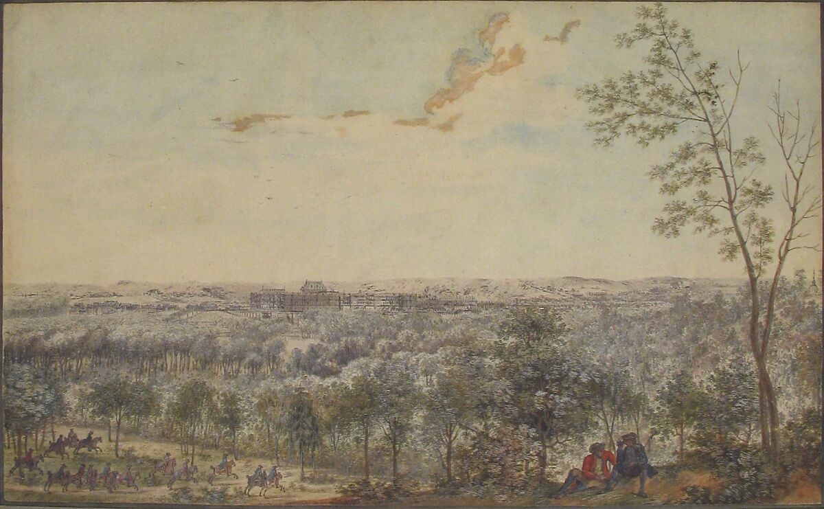 Versailles Seen from the Southwest, Louis Nicolas de Lespinasse, called the Chevalier de Lespinasse (French, Pouilly-sur-Loire 1734–1808 Paris), Pen and black ink, watercolor, heightened with white, over traces of graphite